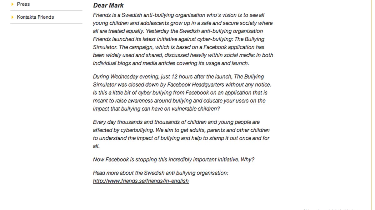 Friends har skrivit ett öppet brev till Facebooks skapare Mark Zuckerberg.